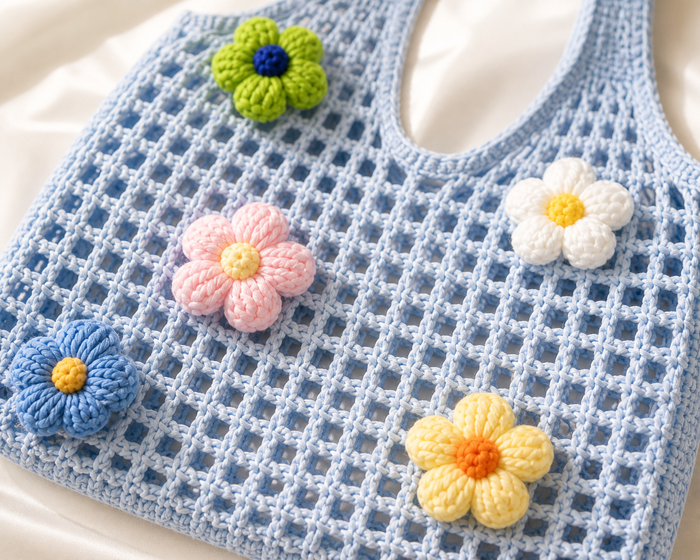 Sky Blue Bloom Tote – Handmade Crochet Floral Bag