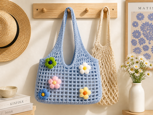Sky Blue Bloom Tote – Handmade Crochet Floral Bag
