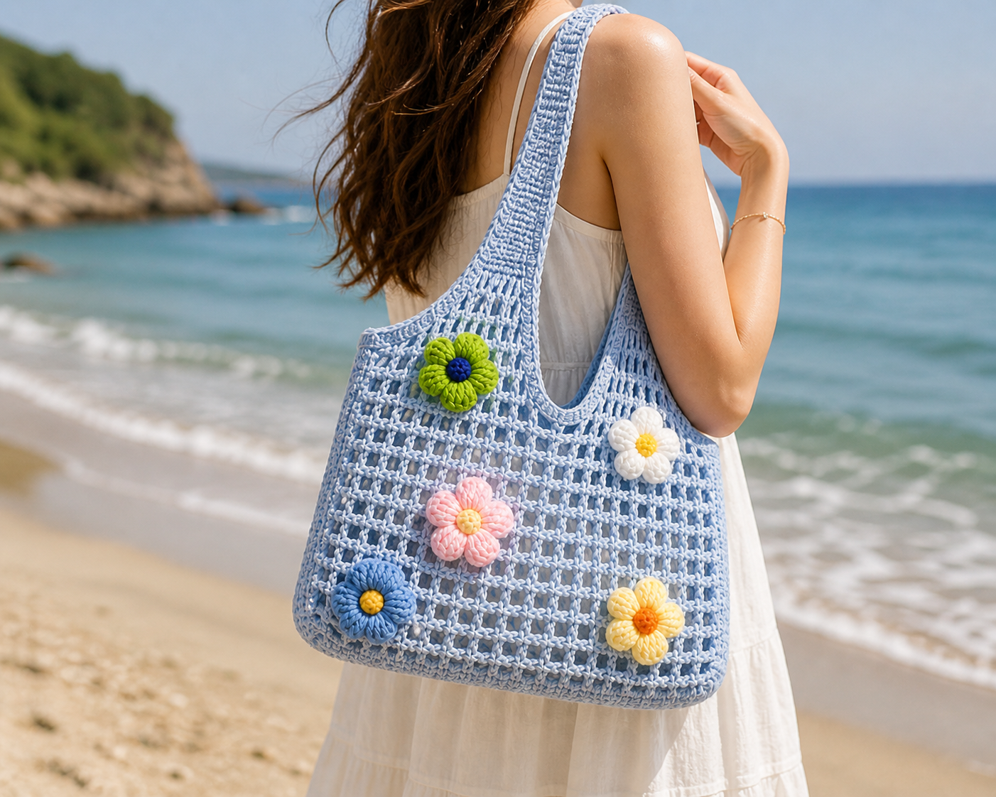 Sky Blue Bloom Tote – Handmade Crochet Floral Bag