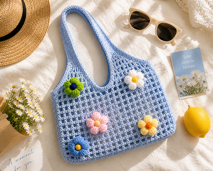 Sky Blue Bloom Tote – Handmade Crochet Floral Bag