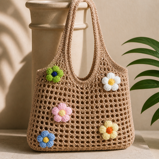 Driftwood Bloom Tote – Handmade Crochet Floral Bag