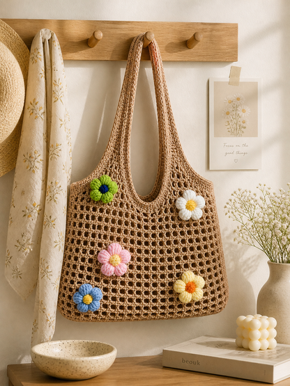 Driftwood Bloom Tote – Handmade Crochet Floral Bag