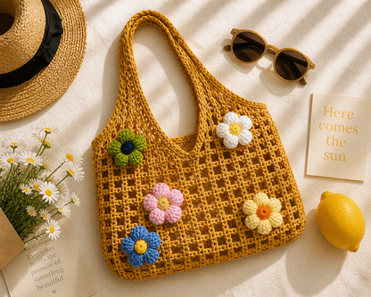 Sunshine Bloom Tote – Handmade Crochet Floral Bag